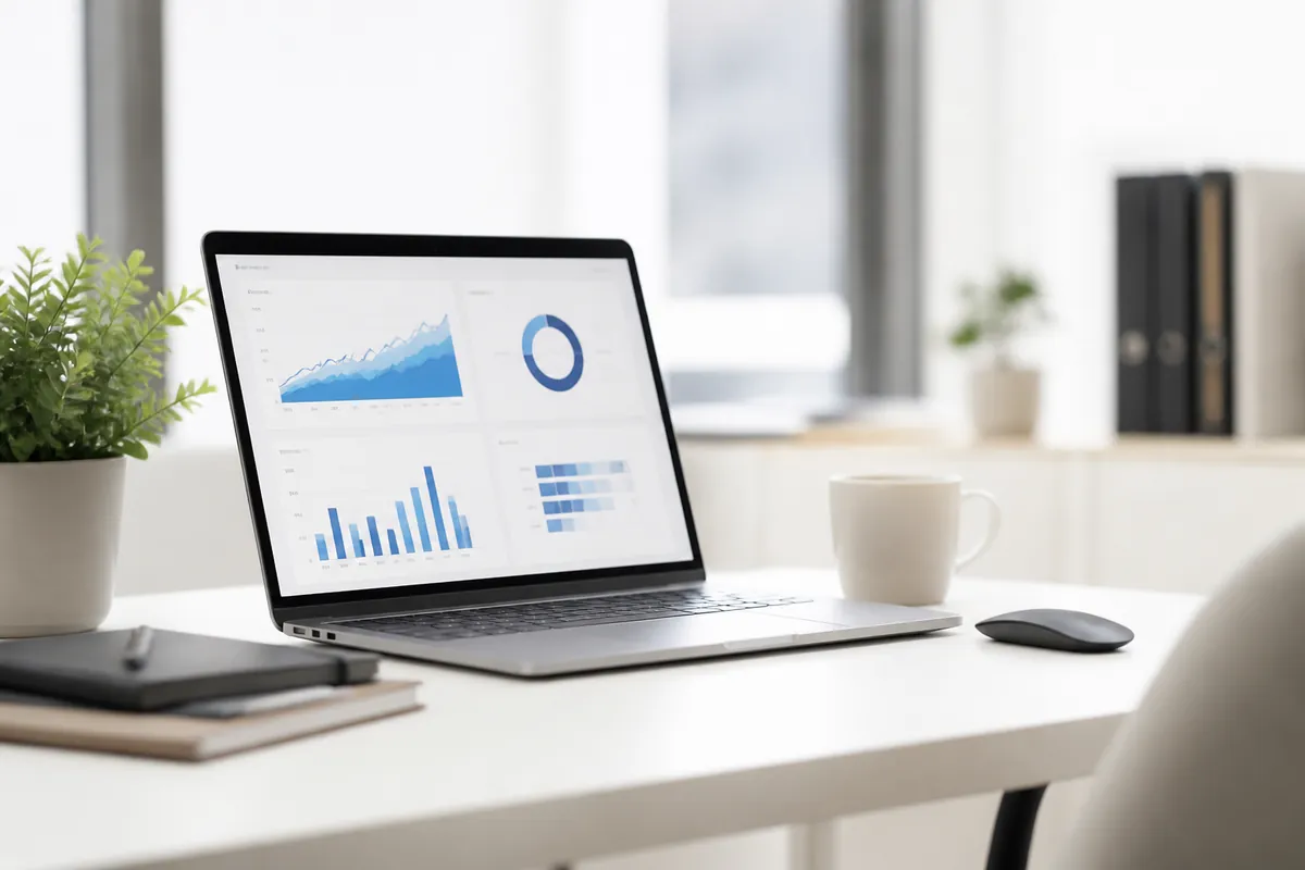 Laptop mostrando un dashboard de análisis de datos sobre un escritorio